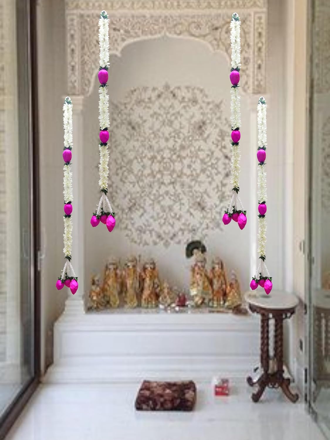 JOYNAGAR Cloth Jasmine Flowers Ladi with Lotus Latkan Chain, 3ft Long, 4 Pcs - Diwali Decoration