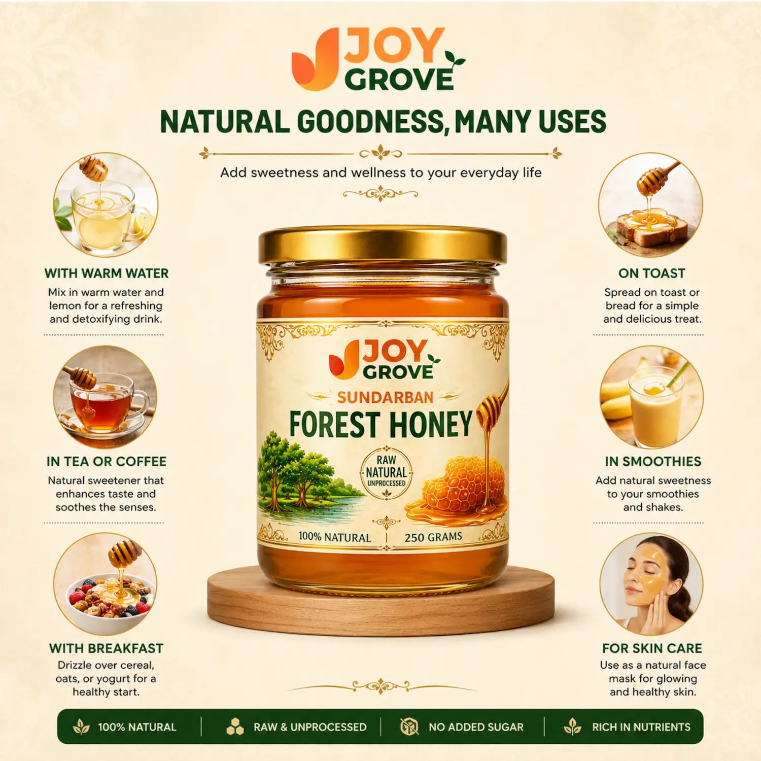 Uses of Joygrove Sundarban Forest Honey for tea, warm water, breakfast, smoothies and skincare