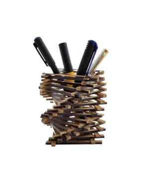 Handmade bamboo pen stand with spiral design, natural brown polished finish, 4 inches in size, set of 2 pieces, eco-friendly office supplies from Joynagar