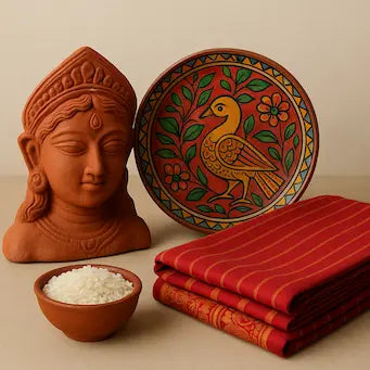 Traditional Bengali culture display with terracotta Durga, painted clay plate, red saree and rice bowl