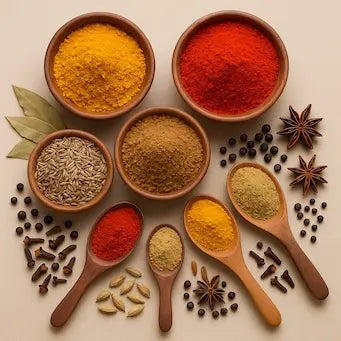 Assorted Indian spices including turmeric, red chilli, cumin, garam masala and whole spices