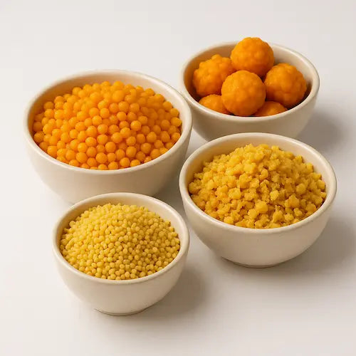 Premium boondi and mihidana assortment including dry mihidana, boondi, bode and laddu raw material for Indian sweets