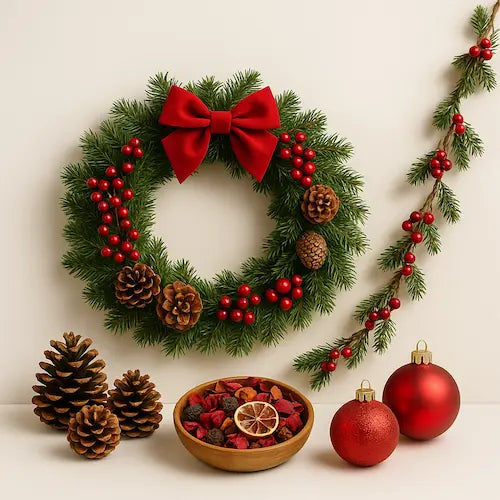 Premium Christmas decorations assortment with wreath, pine cones, potpourri, garland and festive hanging balls for seasonal home decor.