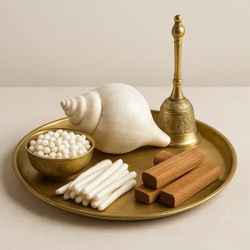Daily pooja items including nakuldana, cotton wick, blowing sankh, hand bell and chandan wood in traditional Bengali pooja style.