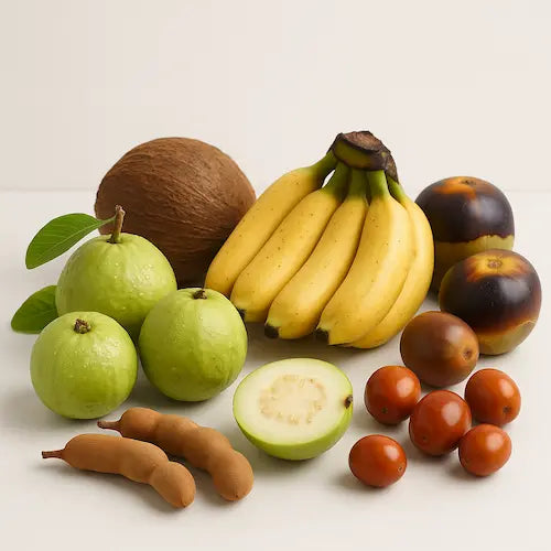 Garden fresh fruits assortment including Baruipur guava, kathali banana, coconut, tamarind, palm fruit, safeda and jujube