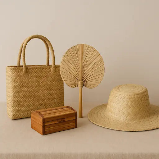 Handcrafted lifestyle items: korai grass bag, bamboo fan, bamboo jewelry box, palm leaf sun hat