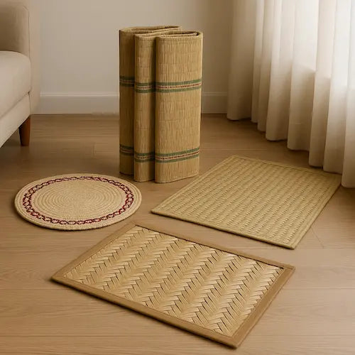 Mat and rug collection featuring yoga mat, korai grass mat, pooja asan, dining place mat and floor mat in natural style
