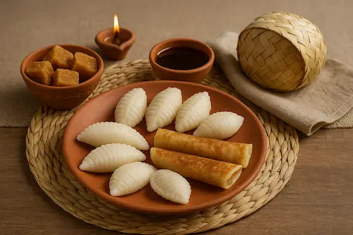 Traditional Bengali Pous Parbon setup with pithe, puli, nolen gur and winter festival decor