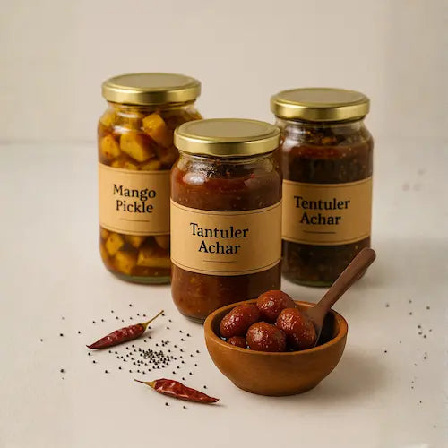 Premium Bengali Pickle collection including Kuler Achar, Mango Pickle, Tentuler Achar and Chatla Achar – traditional Bengali achar display.