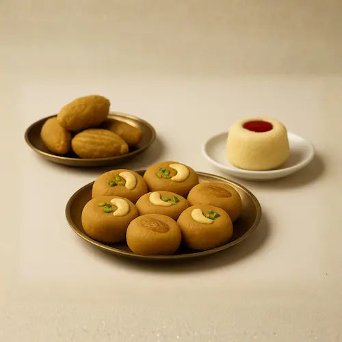 Premium Sandesh sweets assortment including Nolen Gur Sandesh, Makha Sandesh, and Jolbhora Sandesh presented in authentic Bengali heritage style.