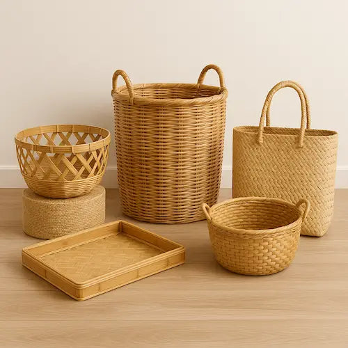 Premium storage and organizer collection with bamboo tokri basket, cane basket, laundry basket, tea tray and kouna bag for home.