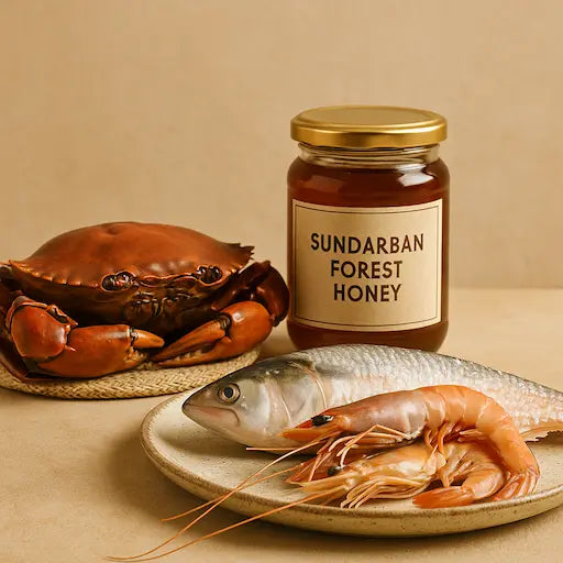 Authentic Sundarban products including forest honey, mud crab, hilsa fish and prawns