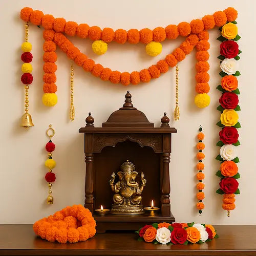 Premium temple decor items including pooja room garland, toran, bandhanwar, decorative chain and artificial flower ladi in Bengali mandir style
