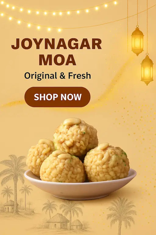 Fresh Joynagar Moa laddoo made with nolen gur, premium winter sweet from Bengal on a festive background.