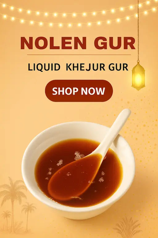 Pure liquid nolen gur khejur gur in bowl, fresh winter date palm jaggery shown on festive Bengali theme.