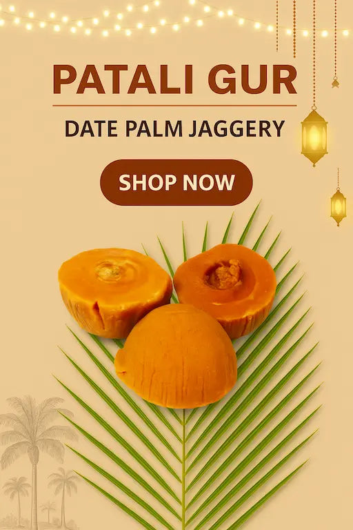 Traditional patali gur date palm jaggery blocks displayed on palm leaf in a festive Bengali background