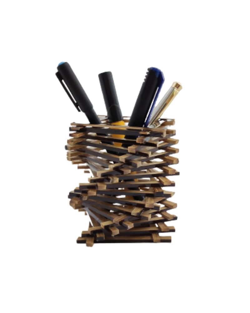 Handmade bamboo pen stand with spiral design, natural brown polished finish, 4 inches in size, set of 2 pieces, eco-friendly office supplies from Joynagar