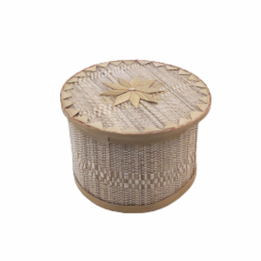 Handmade Bamboo Round Jewelry Box White. Jayanagar - handicraft