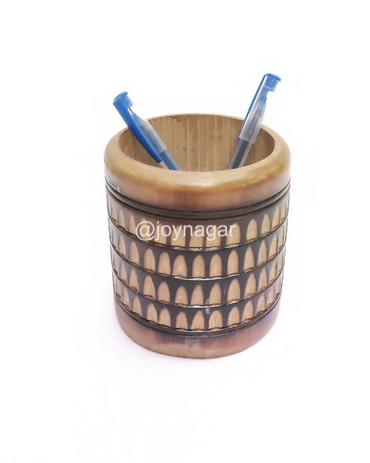 Handmade Bamboo Minakari Design Round  for use as a pen stand. Joynagar-handicraft 